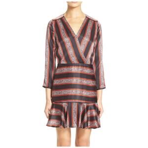 Veronica Beard Ivy Flounce Silk Mini Dress Printed Striped Long Sleeve Black Red